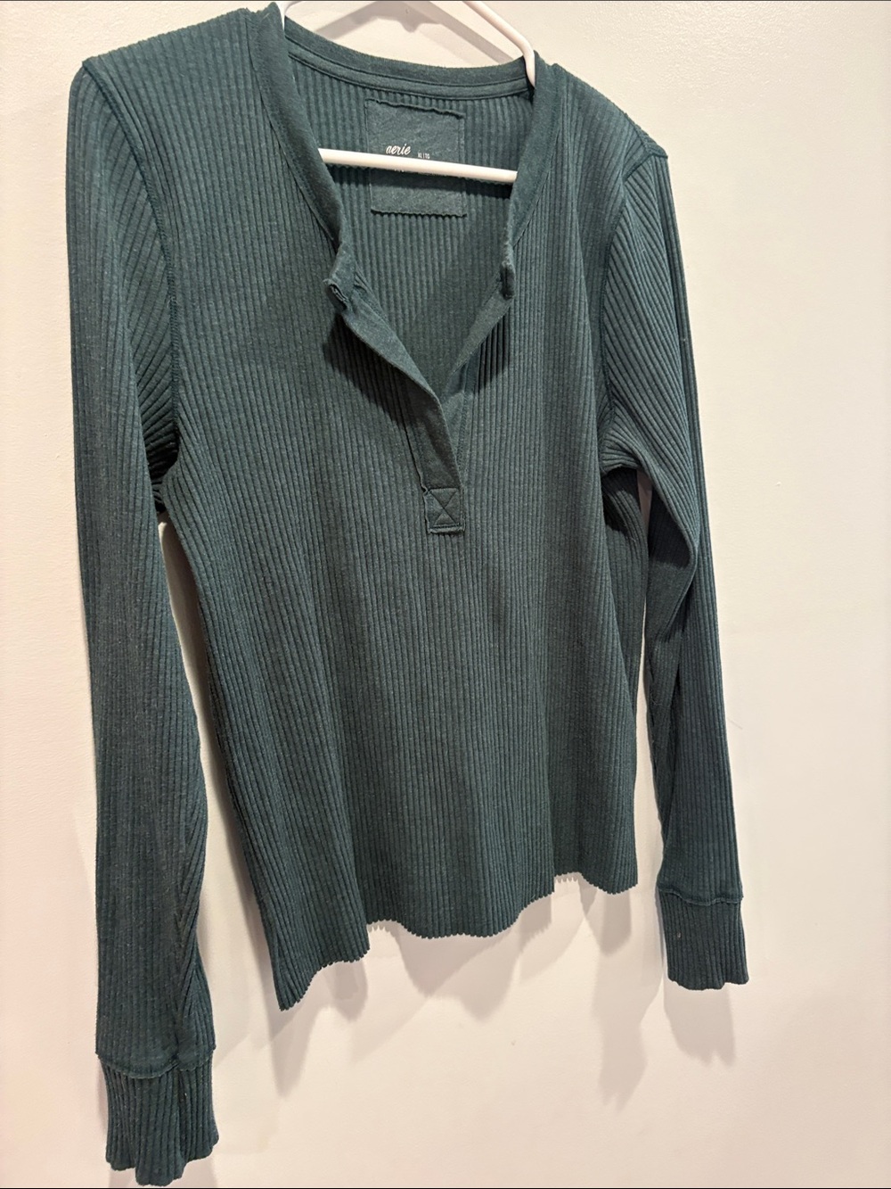 aerie Ribbed Long-Sleeve Henley Top - Teal Green ptp 18-24 - Picture 5 of 6
